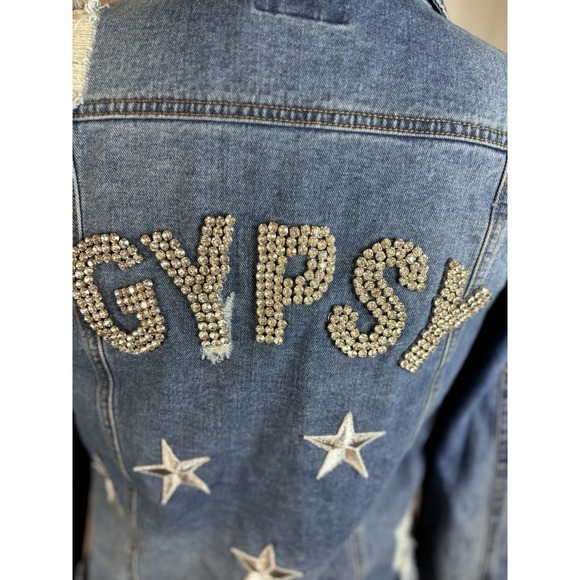Judith March Distressed Jean Jacket Rhinestone Gypsy W/ Embroidered Stars Boho M - Picture 4 of 16